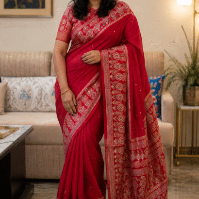Red Ajrakh Print Modal Silk Saree with Original Mirror Work and Designer Pallu