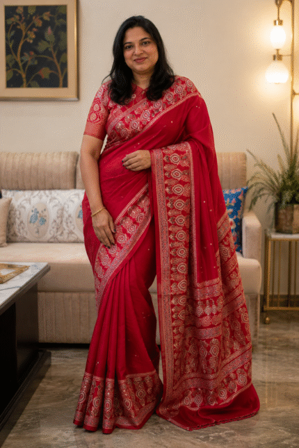 Red Ajrakh Print Modal Silk Saree with Original Mirror Work and Designer Pallu