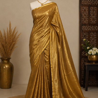 Soft Tissue Maheshwari Handloom Silk Saree in Antique Gold Color with Elegant Shiny Finish and Gold Border Design