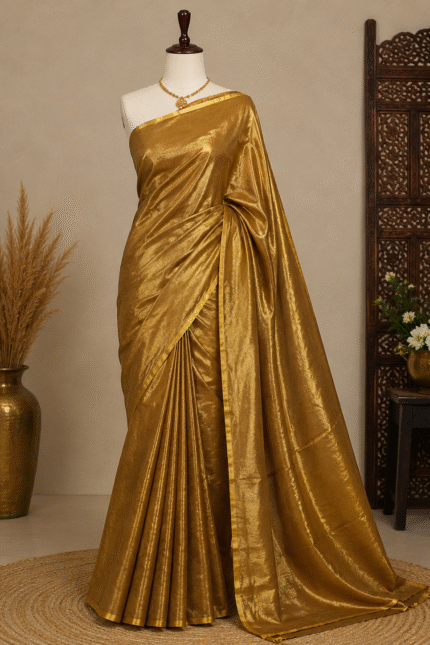 Soft Tissue Maheshwari Handloom Silk Saree in Antique Gold Color with Elegant Shiny Finish and Gold Border Design