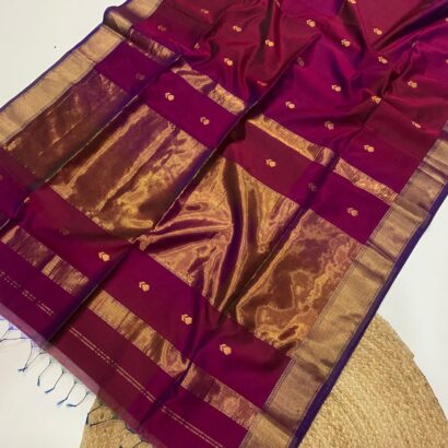 Magenta Purple Maheshwari Lotus Butta Saree in soft handloom cotton silk with elegant zari border and traditional weaving design