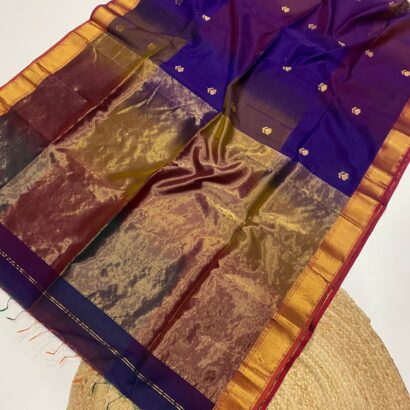 Navy Blue Maroon Maheshwari Lotus Butta Saree in soft handloom cotton silk with elegant zari border and traditional weaving desig