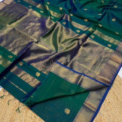 Peacock Green Maheshwari Lotus Butta Saree in soft handloom cotton silk with elegant zari border and traditional weaving design