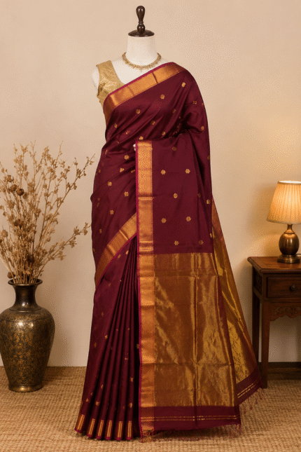 Maheshwari Lotus Butta Saree in soft handloom cotton silk with elegant zari border and traditional weaving design