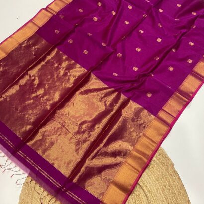Rani Pink Maheshwari Lotus Butta Saree in soft handloom cotton silk with elegant zari border and traditional weaving design