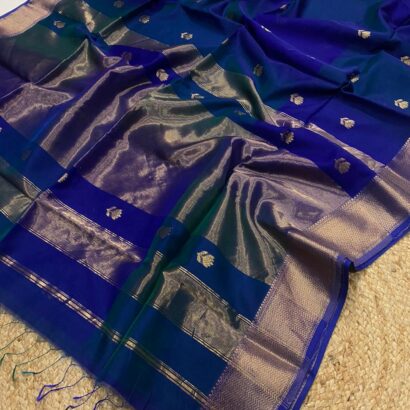 Navy Blue Maroon Maheshwari Lotus Butta Saree in soft handloom cotton silk with elegant zari border and traditional weaving desig