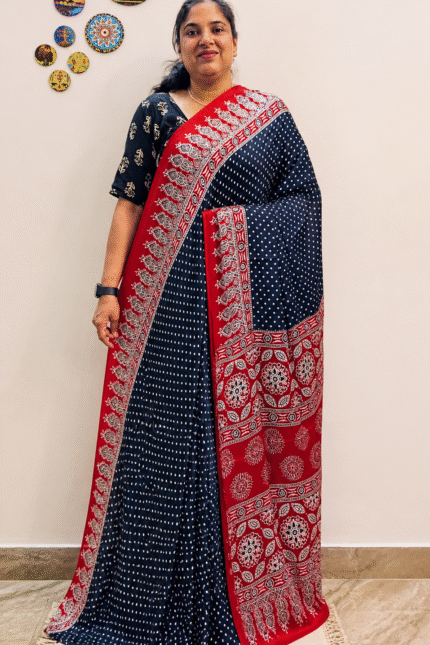 “Premium Satin Silk Saree for Festive Wear Red Black & Navy Blue Designer Printed Saree”