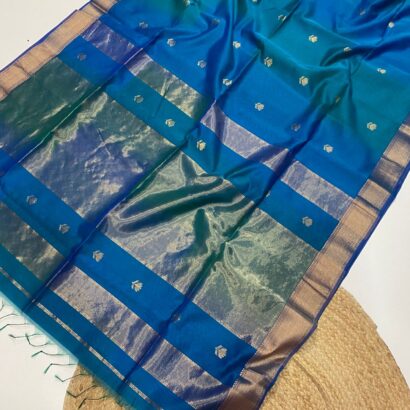 Sky Blue Maheshwari Lotus Butta Saree in soft handloom cotton silk with elegant zari border and traditional weaving design