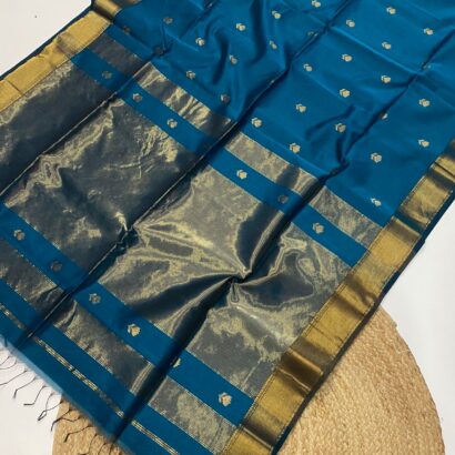 Teal Blue Maheshwari Lotus Butta Saree in soft handloom cotton silk with elegant zari border and traditional weaving design