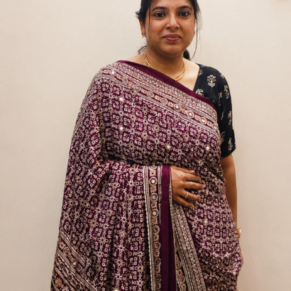 Ajrakh Crepe Silk Saree in Wine with Aari Tari and Real Mirror Work Premium Traditional Saree