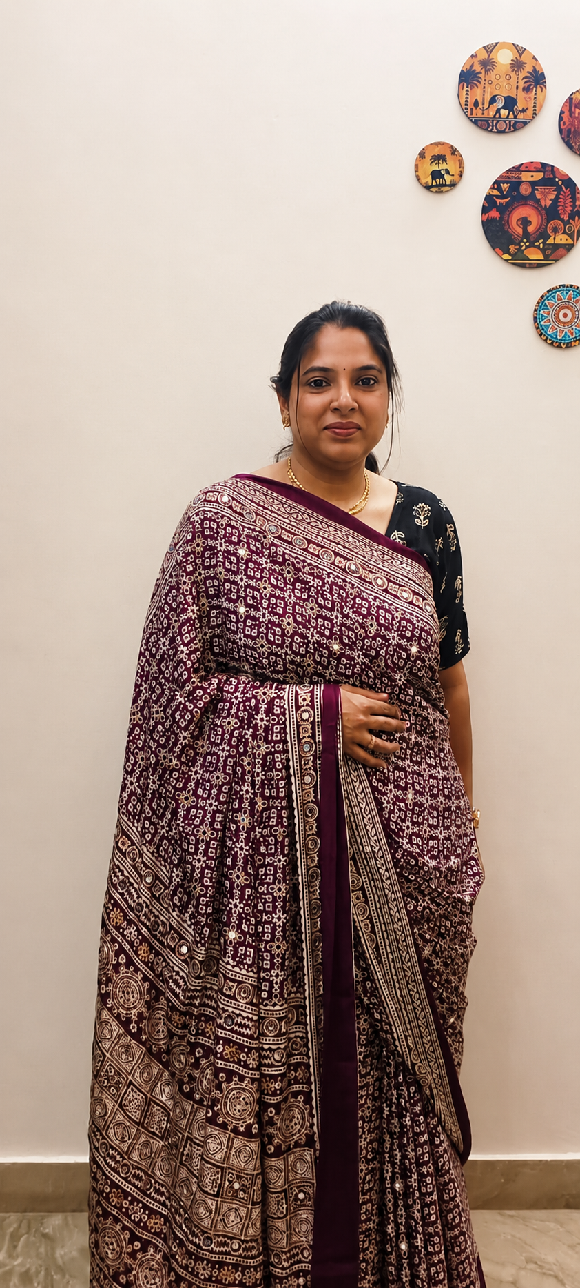Ajrakh Crepe Silk Saree in Wine with Aari Tari and Real Mirror Work Premium Traditional Saree