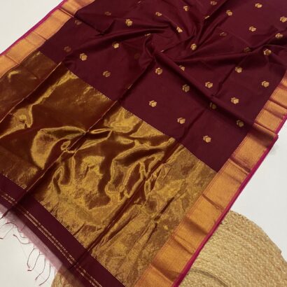 Wine Maroon Maheshwari Lotus Butta Saree in soft handloom cotton silk with elegant zari border and traditional weaving design
