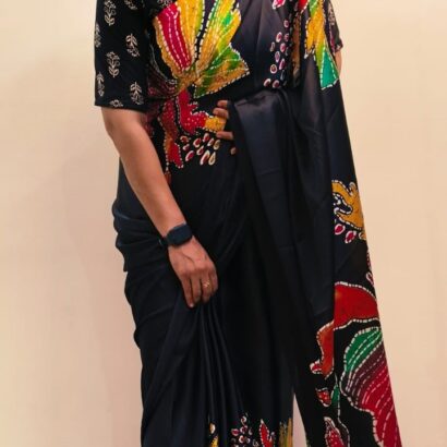 Black Multi Color Printed Satin Saree for Party Wear with Vibrant Floral Design and Glossy Finish