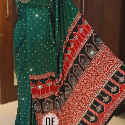 Bottle Green & Red Handloom Modal Silk Bandhej Ajrakh Saree with Mirror Work