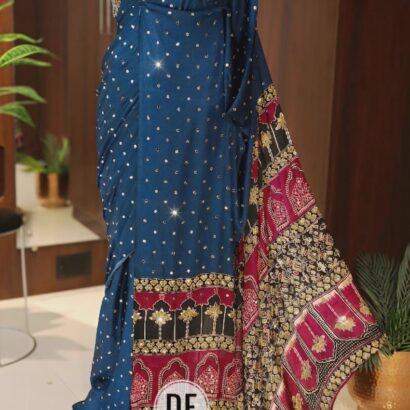 Navy Blue & Maroon Handloom Modal Silk Bandhej Ajrakh Saree with Mirror Work