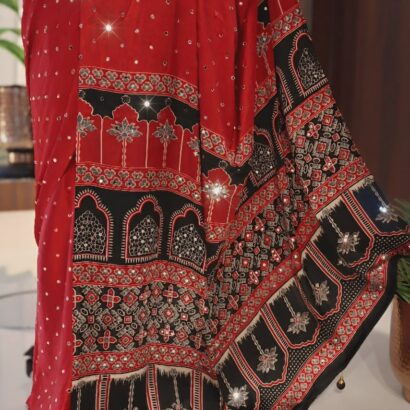 Red & Black Handloom Modal Silk Bandhej Ajrakh Saree with Mirror Work