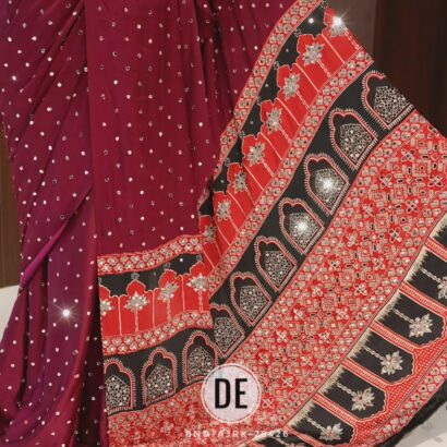 Wine Maroon & Red Handloom Modal Silk Bandhej Ajrakh Saree with Mirror Work