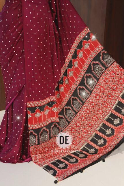 Wine Maroon & Red Handloom Modal Silk Bandhej Ajrakh Saree with Mirror Work