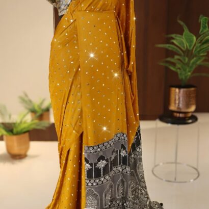 Mustard Yellow & Grey Handloom Modal Silk Bandhej Ajrakh Saree with Mirror Work