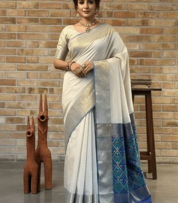 Off White & Blue Pure Khadi Cotton Saree with Rich Woven Pallu and Handwoven Design