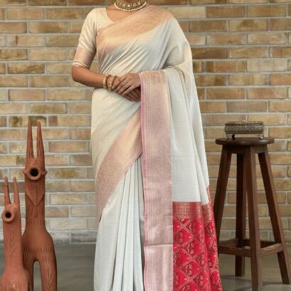 Off White & Red Pure Khadi Cotton Saree with Rich Woven Pallu and Handwoven Design