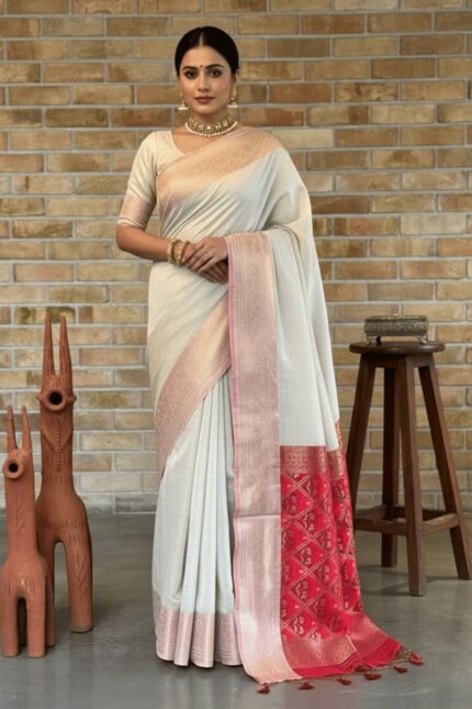 Off White & Red Pure Khadi Cotton Saree with Rich Woven Pallu and Handwoven Design