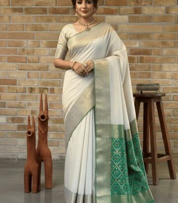 Off White & Green Pure Khadi Cotton Saree with Rich Woven Pallu and Handwoven Design
