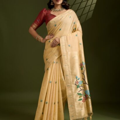 Muga Jamdani Cotton Saree with Paithani Pallu and Zari Muniya Border – Soft Elegant Traditional Wear