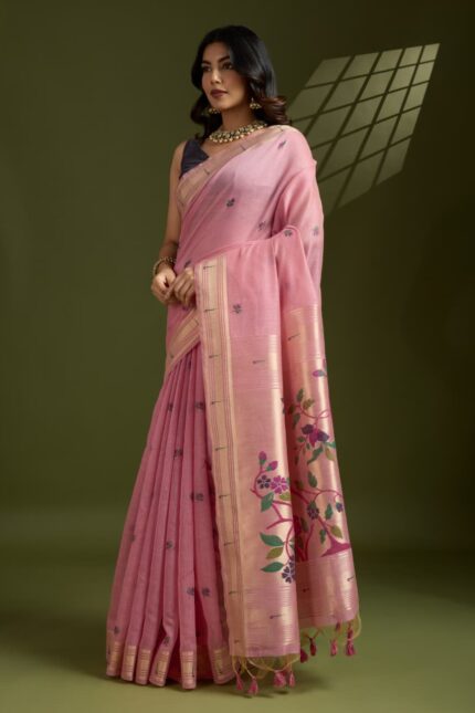 Muga Jamdani Cotton Saree with Paithani Pallu and Zari Muniya Border – Soft Elegant Traditional Wear