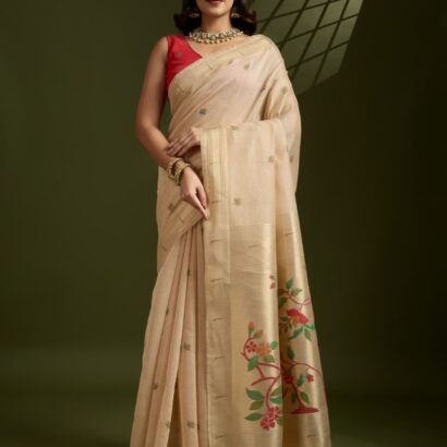 Muga Jamdani Cotton Saree with Paithani Pallu and Zari Muniya Border – Soft Elegant Traditional Wear