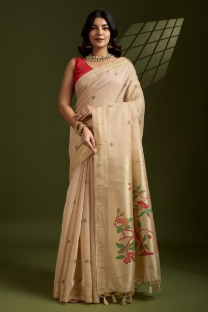 Muga Jamdani Cotton Saree with Paithani Pallu and Zari Muniya Border – Soft Elegant Traditional Wear