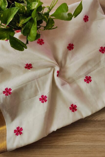 Pure Cotton Off White Saree with Golden Zari Border and Rani Pink Floral Embroidery Work