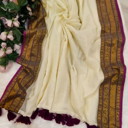 Pure Mul Cotton Saree with Rich Golden Zari Border and Magenta Purple Tassels in Elegant Kanchi Style Design