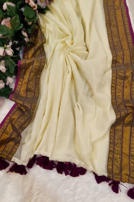 Pure Mul Cotton Saree with Rich Golden Zari Border and Magenta Purple Tassels in Elegant Kanchi Style Design
