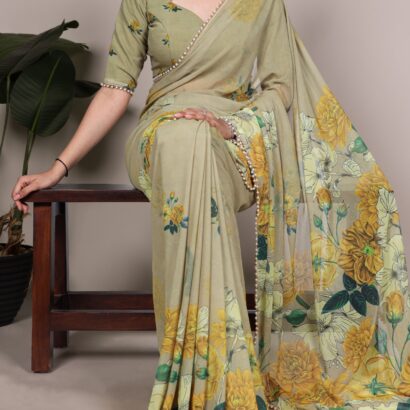 Sage Green Weightless Floral Marble Saree with Mustard Yellow Floral Print and Pearl Lace Border