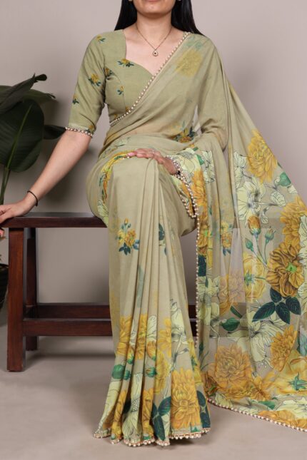 Sage Green Weightless Floral Marble Saree with Mustard Yellow Floral Print and Pearl Lace Border