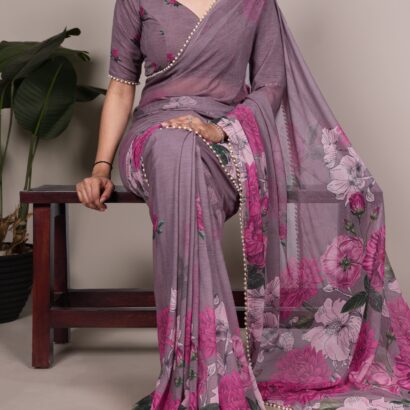 Dusty Mauve Weightless Floral Marble Saree with Pink Floral Print and Pearl Lace Border