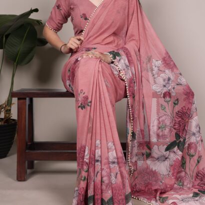Rose Pink Weightless Floral Marble Saree with Wine Floral Print and Pearl Lace Border