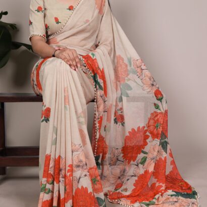Beige Weightless Floral Marble Saree with Coral Orange Floral Print and Pearl Lace Border
