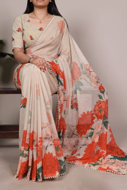 Beige Weightless Floral Marble Saree with Coral Orange Floral Print and Pearl Lace Border