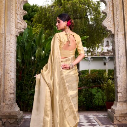 Golden Beige Gold Tissue Zari Weaving Work Saree with Elegant Traditional Festive Look