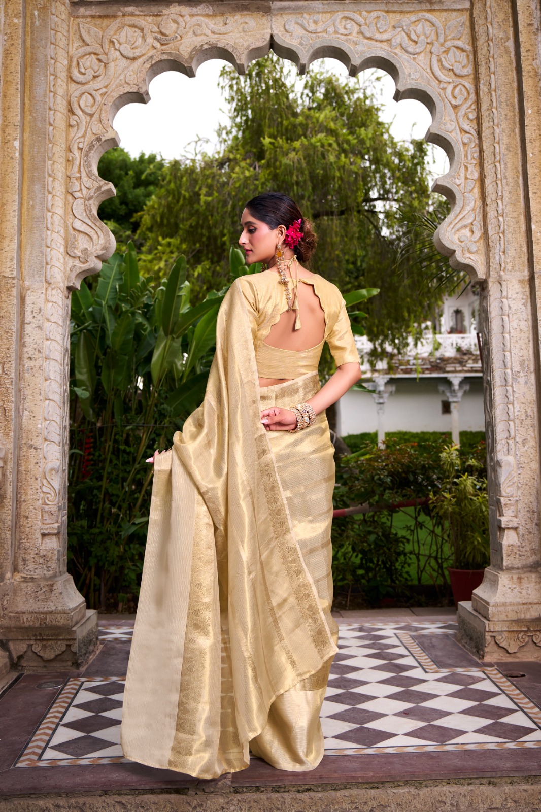Golden Beige Gold Tissue Zari Weaving Work Saree with Elegant Traditional Festive Look