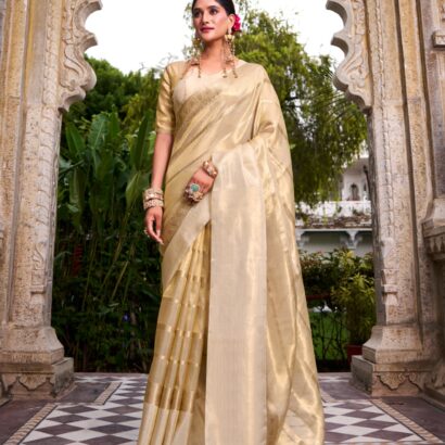 Golden Beige Gold Tissue Zari Weaving Work Saree with Elegant Traditional Festive Look