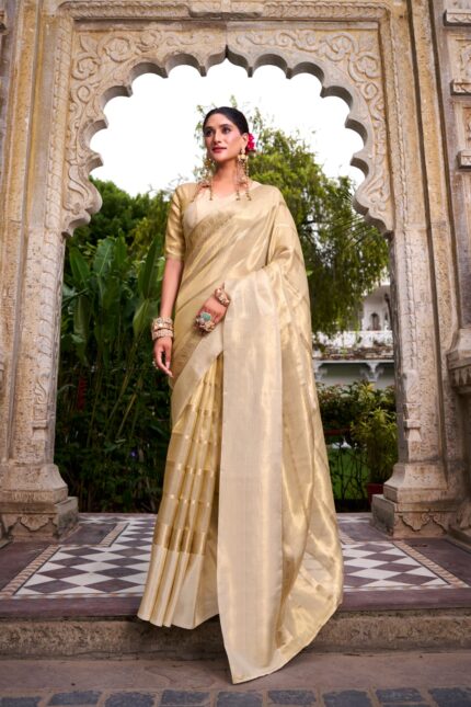 Golden Beige Gold Tissue Zari Weaving Work Saree with Elegant Traditional Festive Look
