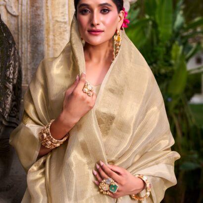 Golden Beige Gold Tissue Zari Weaving Work Saree with Elegant Traditional Festive Look