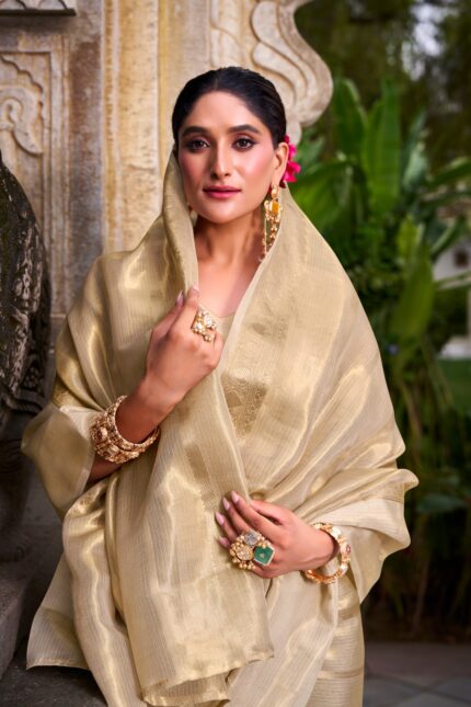 Golden Beige Gold Tissue Zari Weaving Work Saree with Elegant Traditional Festive Look