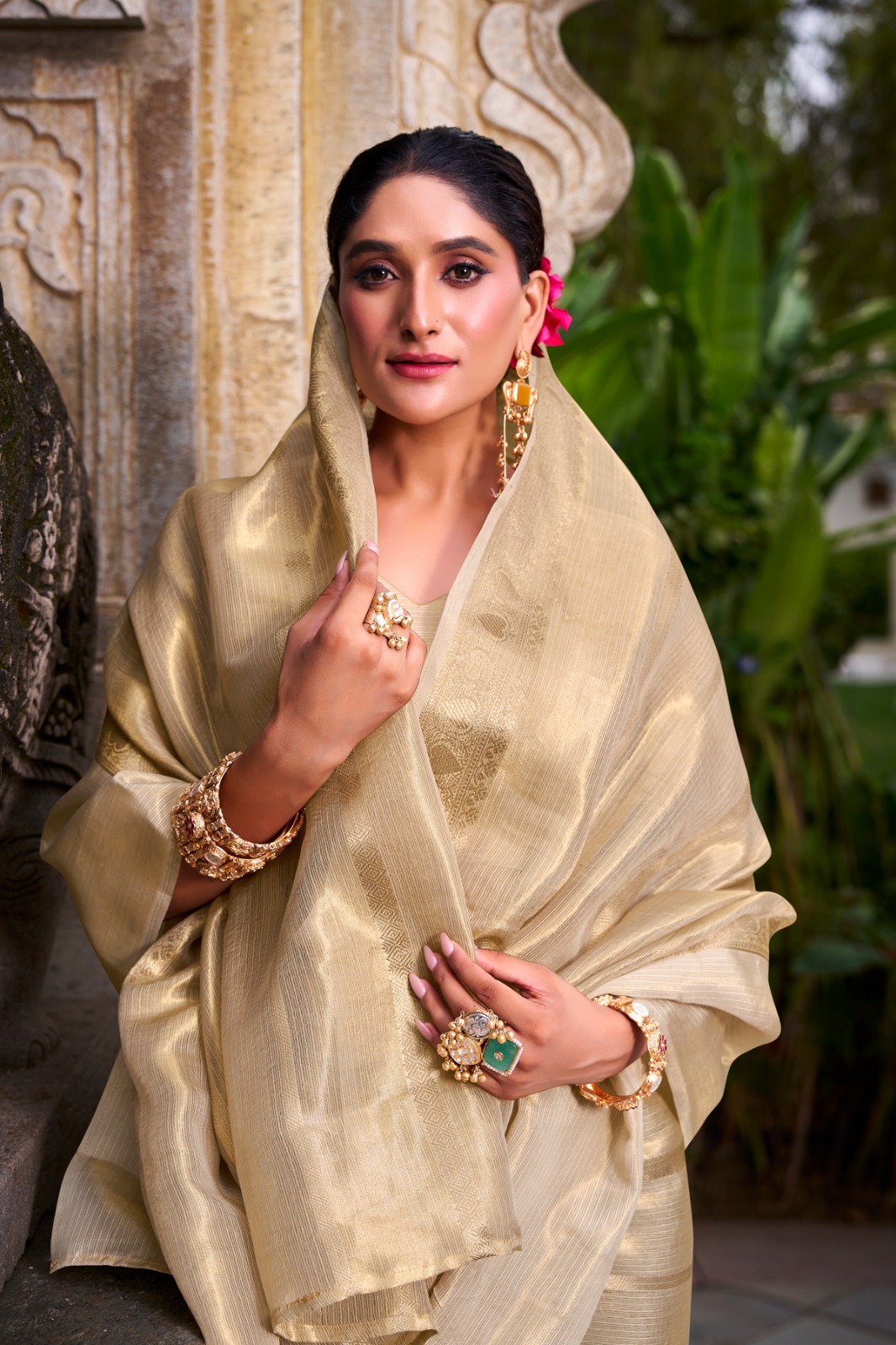 Golden Beige Gold Tissue Zari Weaving Work Saree with Elegant Traditional Festive Look