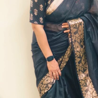 Black Muga Silk Cotton Saree with Antique Gold Zari Border and Running Blouse for festive traditional wear