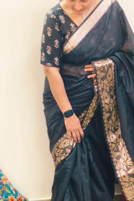 Black Muga Silk Cotton Saree with Antique Gold Zari Border and Running Blouse for festive traditional wear