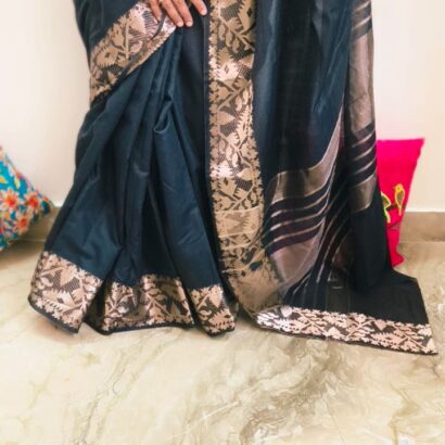 Black Muga Silk Cotton Saree with Antique Gold Zari Border and Running Blouse for festive traditional wear